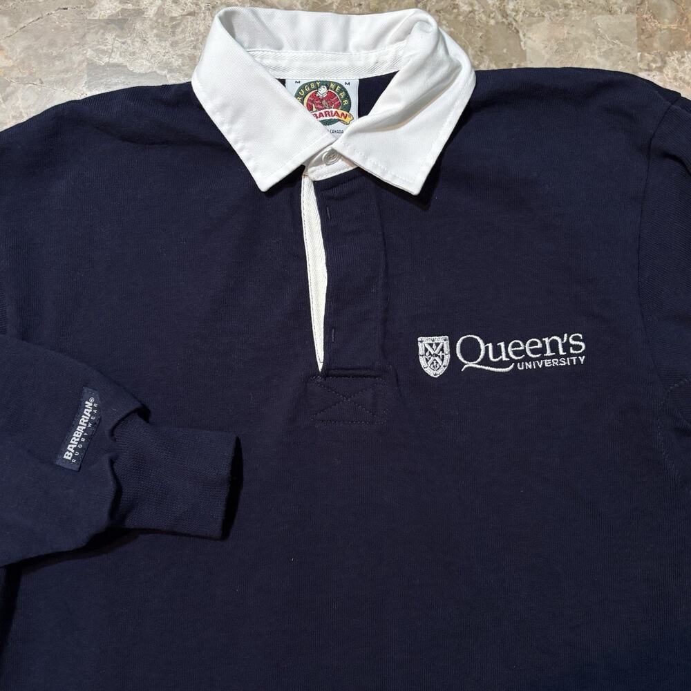 Vintage Barbarian Rugby Shirt Mens Medium Blue Queens University Cotton Thick
